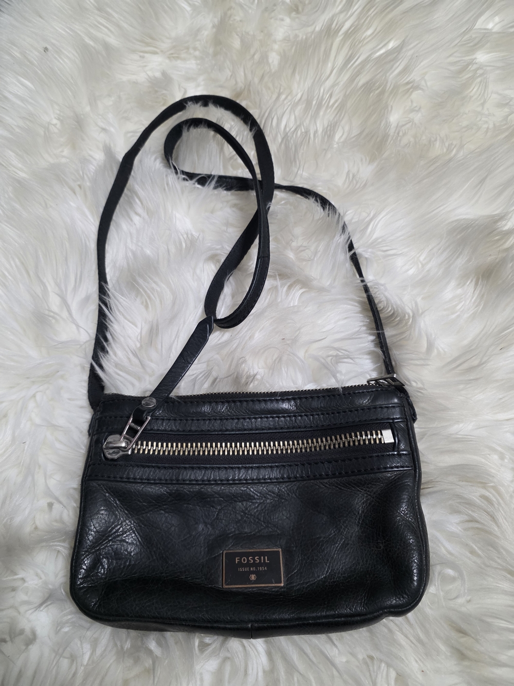 Fossil Black Leather Zip Front Crossbody